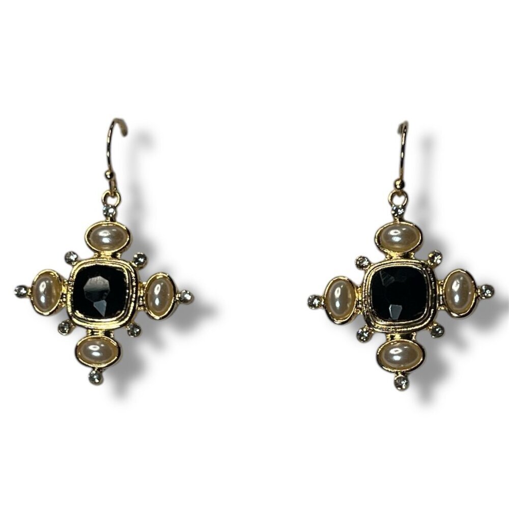 Cross Fashion Gold Tone Earrings with Black, Simulated Pearl, and Crystal Stones
